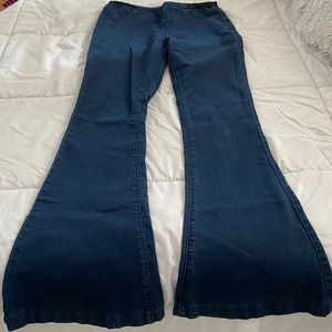 Dark wash flare jeans with elastic waistband